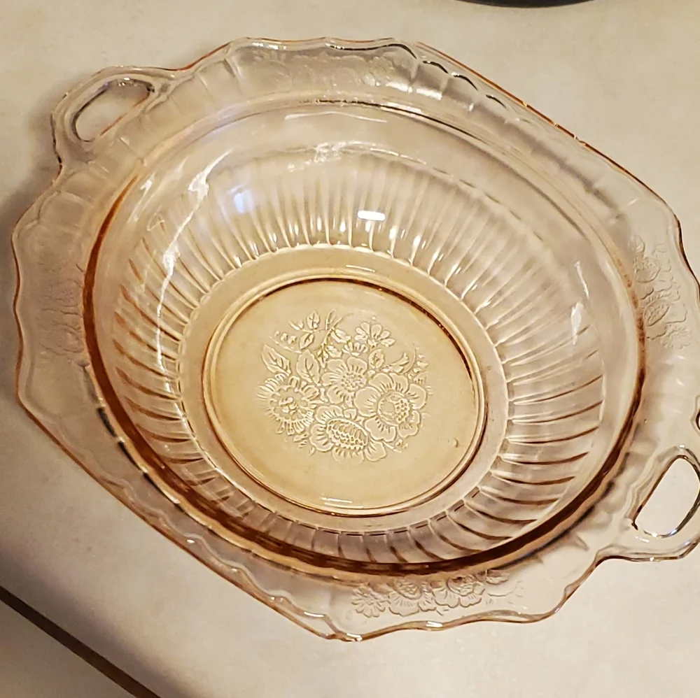 Vintage frosted pink Depression glass square serving bowl with handles